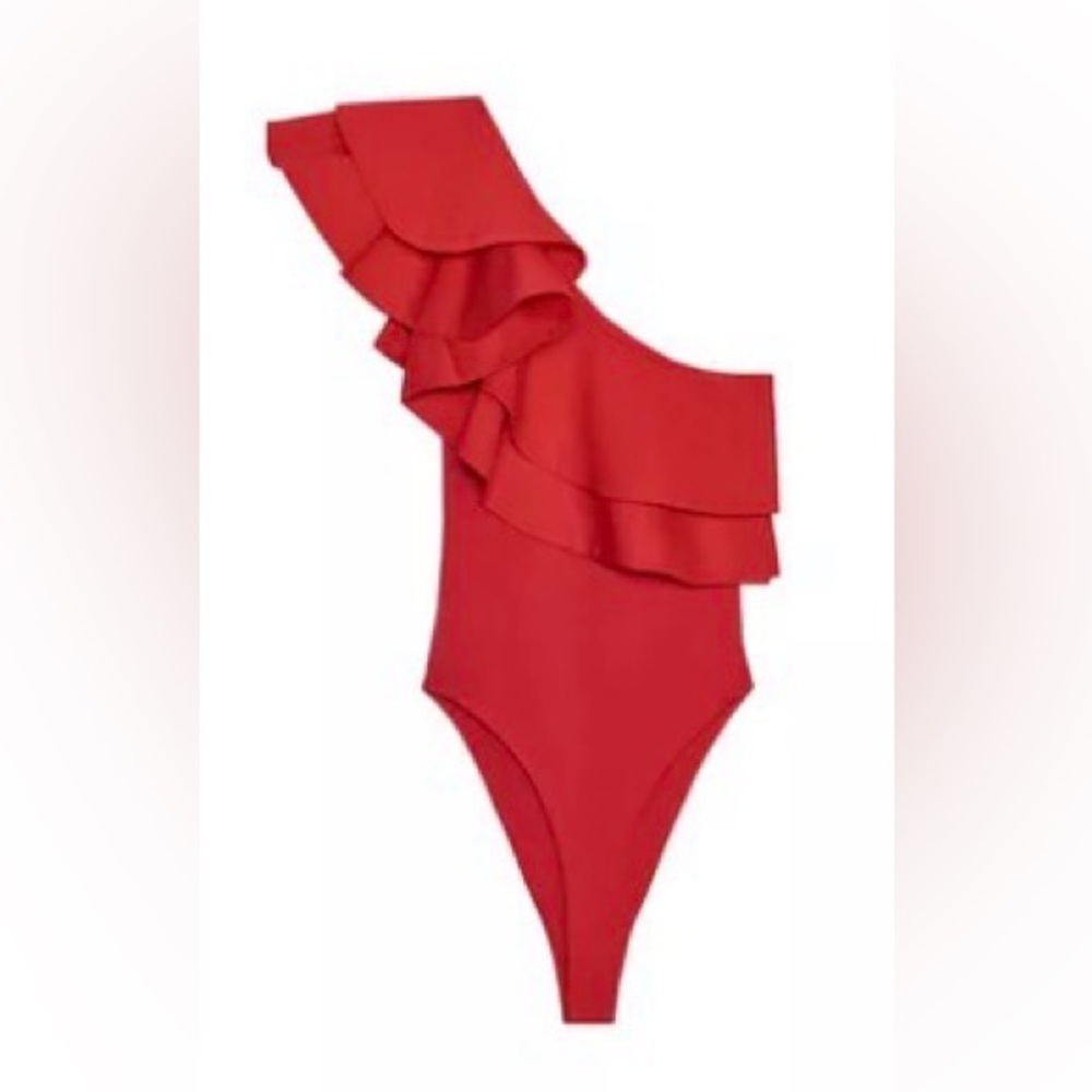 ASYMMETRIC BODYSUIT WITH CONTRASTING RUFFLE